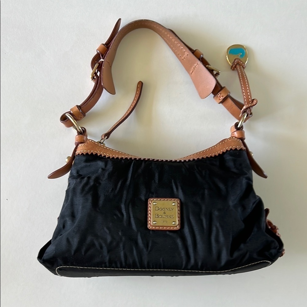 Dooney & Bourke Small Baguette Black Nylon Brown Leather Trim Shoulder Purse